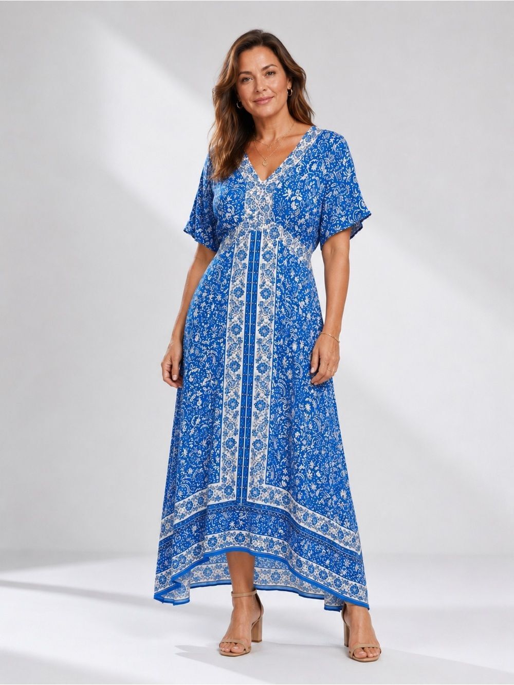MSK Border Print Maxi Dress Floral Flutter Sleeve V Neck Blue White Large NEW